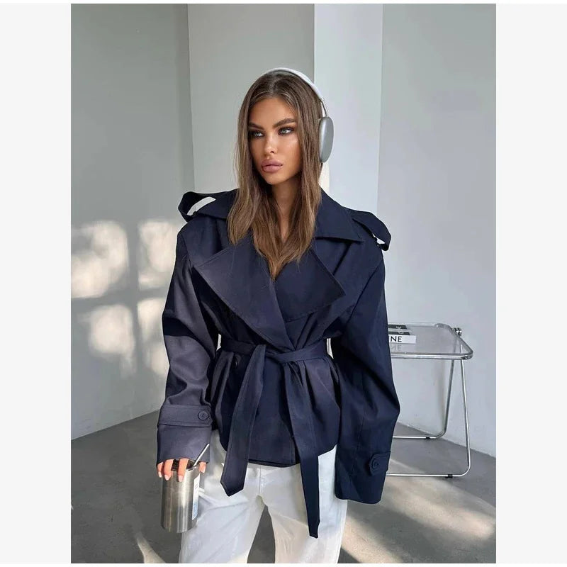 Women's Coat 2026 Spring New Style Solid Color Long Sleeve Belted Short Trench Coat European and American Personalized Fashion