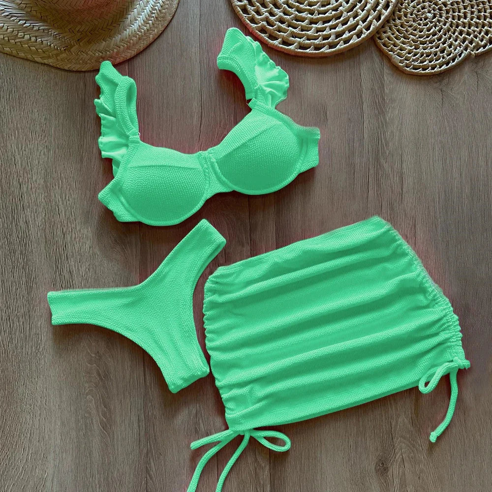Solid Wavy Fabric Low Waist Bikini Set Cover Up Swimsuit For Women Push Up Ruffle Three Pieces Swimwear 2025 Beach Bathing Suits