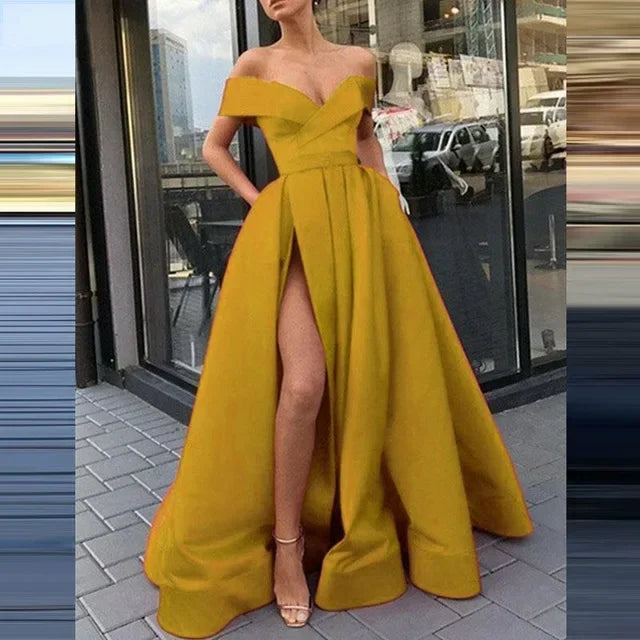 Women's Long Loose Maxi Dress Summer Deep V-neck Solid Color Satin High Split Strapless Short Sleeve Dress