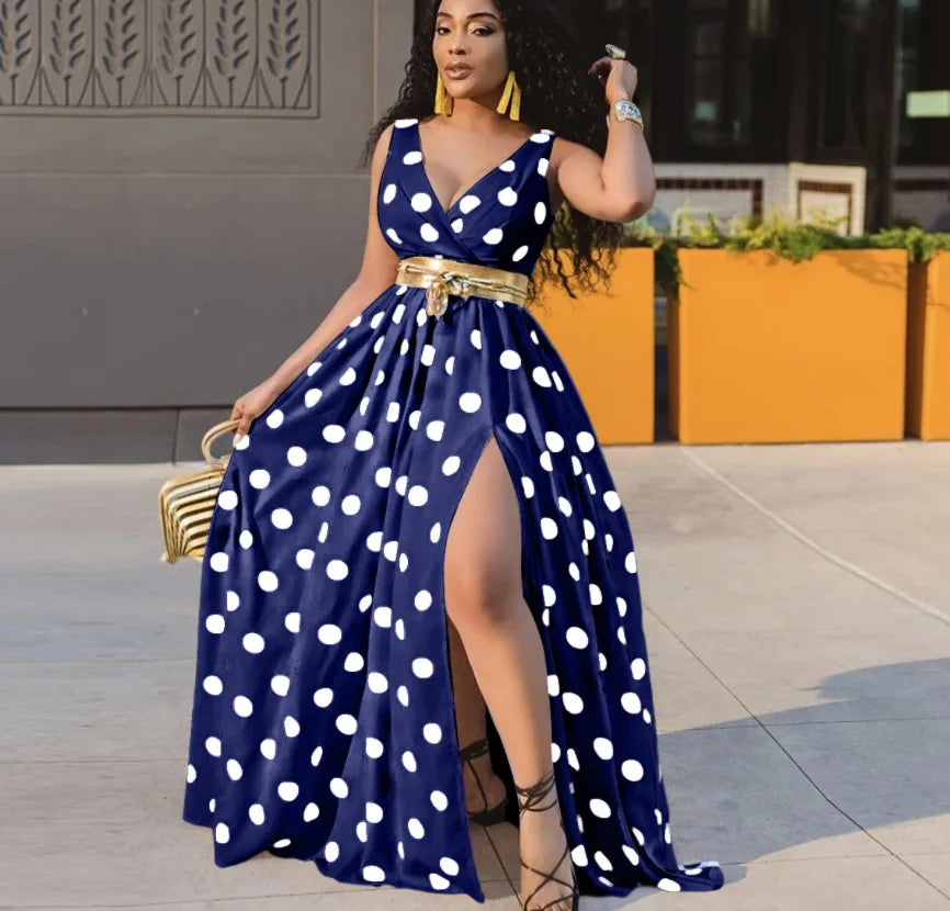 Sexy Deep V Neck Polka Dot Long Dress For Women Summer Boho Sleeveless Slim Print Side Slit Party Maxi Dresses Robe Femme
