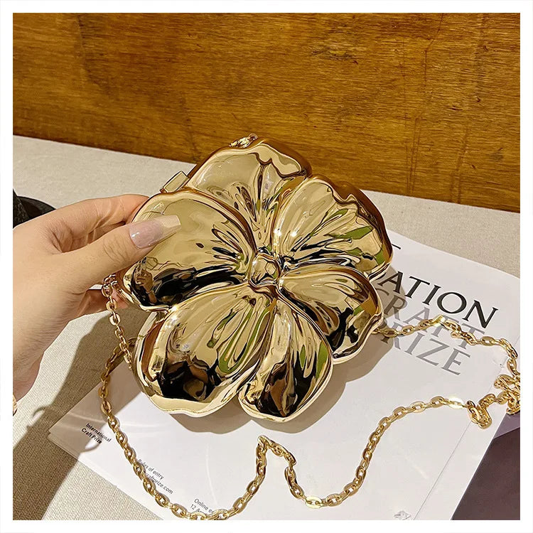 Fashion Metal Flower Shaped Crossbody Bag for Women Gold Box Shoulder Bags Shinny Evening Party Clutch Bag Small Phone Purses
