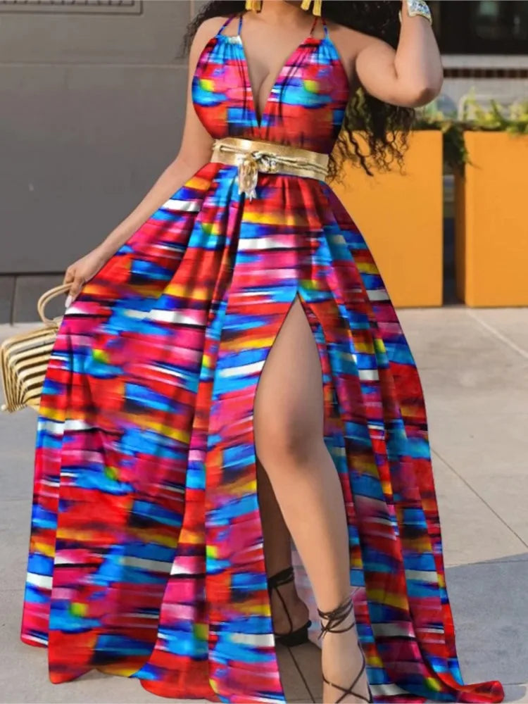 Sexy Deep V Neck Polka Dot Long Dress For Women Summer Boho Sleeveless Slim Print Side Slit Party Maxi Dresses Robe Femme
