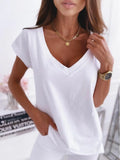 Camiseta feminina sexy com decote em V, manga curta, respirável, simples, branca, camiseta, cor sólida, pulôver