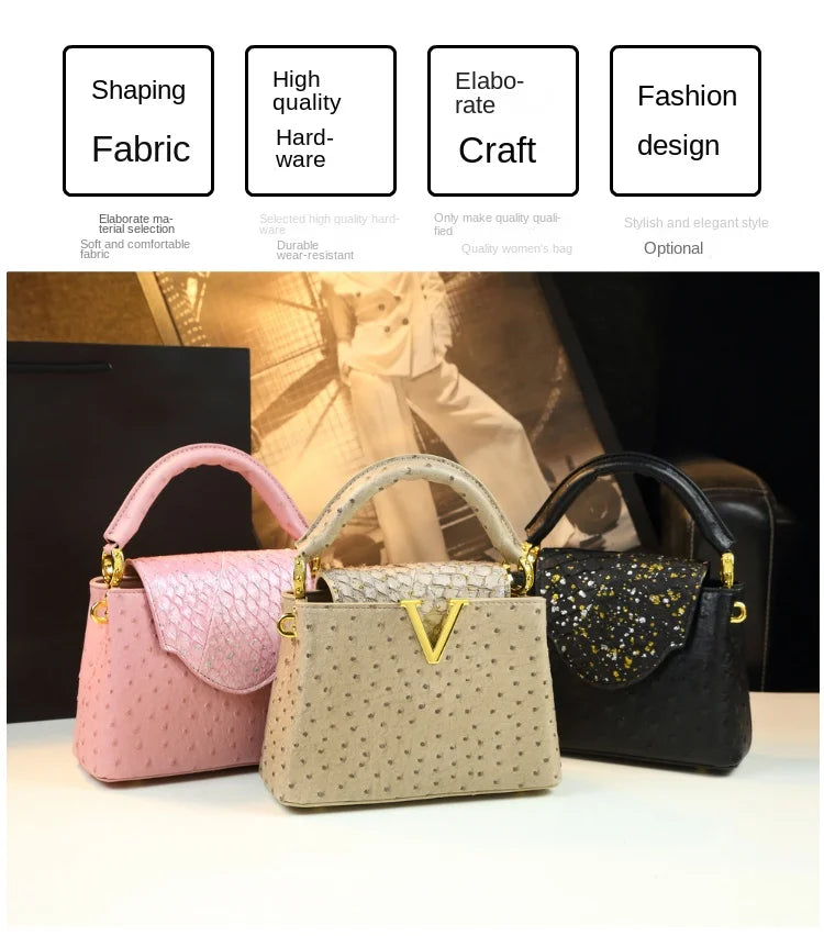 Luxury Fashion Leather Women's Handbags V Letter Small Shoulder Crossbody Bag Niche Ostrich Print Portable Messenger Shell Bags