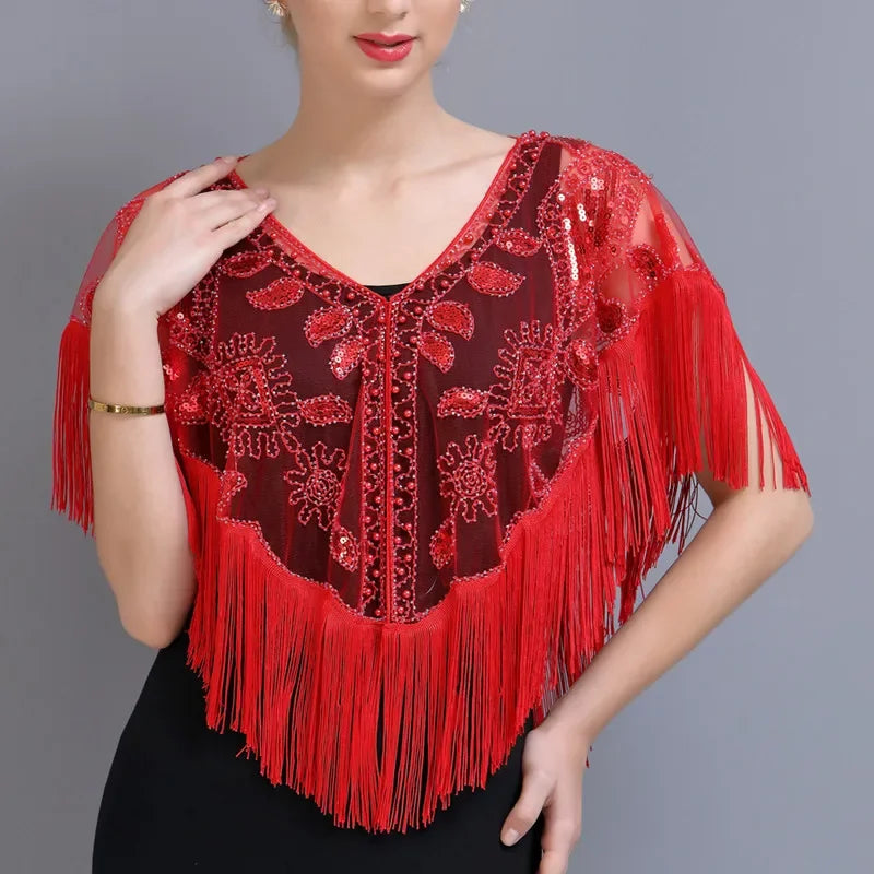 Summer Sequins Tassels Poncho Women Coat Party Outfits Cape Mesh Jacket Ladies Cloak Shawls Casaco Outerwear Wraps Woman Clothes