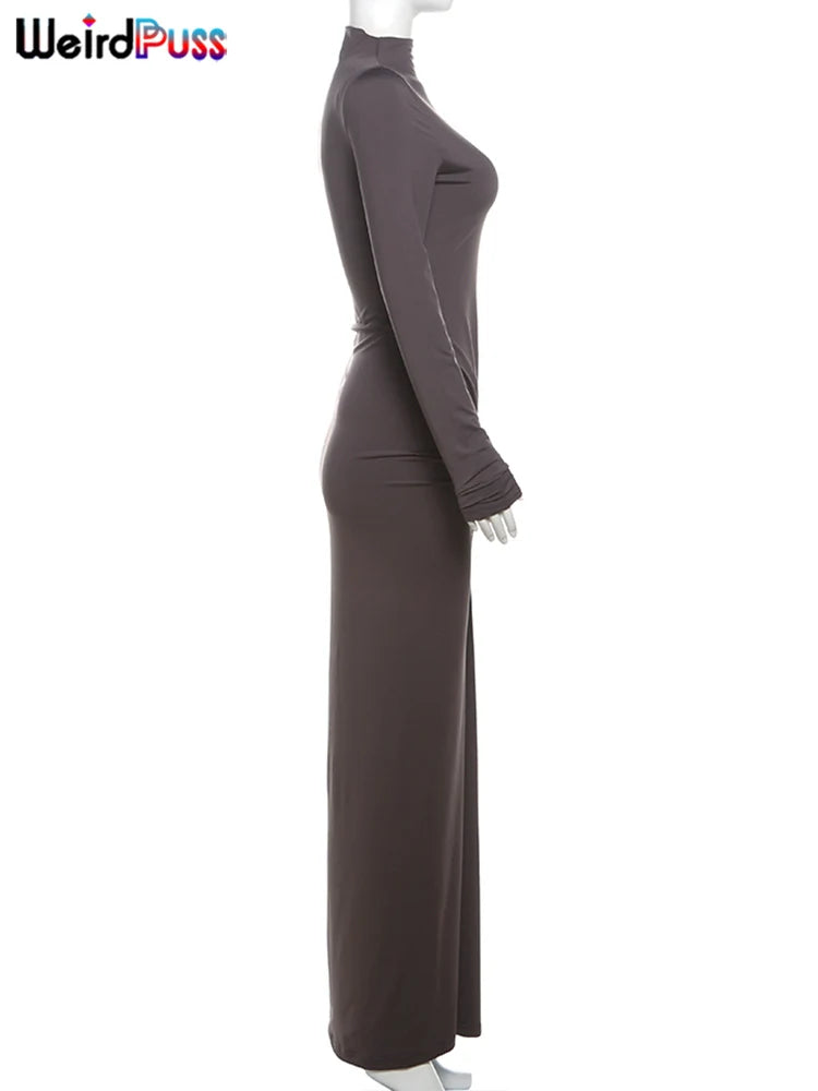 Weird Puss Hipster Ruched Dress Women o-NeckFull Sleeve  Skinny Stretch Robe Autumn Trend Simple Classic Pleats Long Bodycon