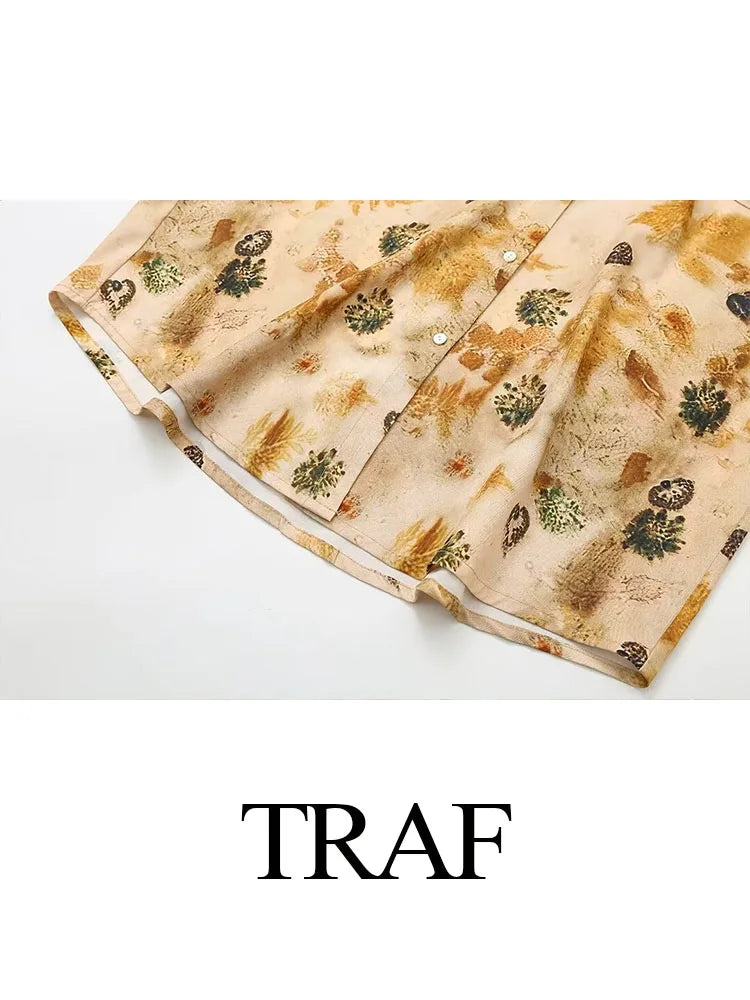 TRAF Women Fashion Set Print Turn-Down Collar Long Sleeve Single Breasted Shirt+Elastic Waist Drawstring Loose Pant Female Suits
