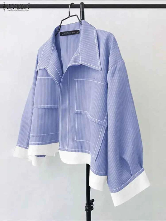 Women Korean Shirts 2025 ZANZEA Autumn Long Sleeve Striped Patchwork Blouse Fashion Tops Tunic Pockets Office Blusas Femininas