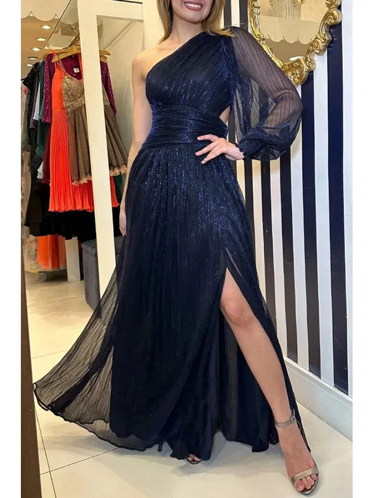 Women's Spring/Autumn Party Slant Shoulder Versatile Solid Color Elegant Dress Loose Casual Split Dress Waist Closing Dress