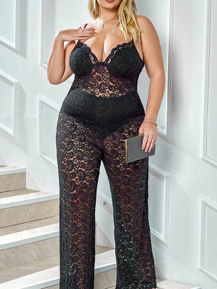 One Piece Jumpsuit for Plus Size Women Summer Spaghetti Strap Sexy Transparent Lace Jumpsuit Straight Pant Hollow Out Jumpsuit