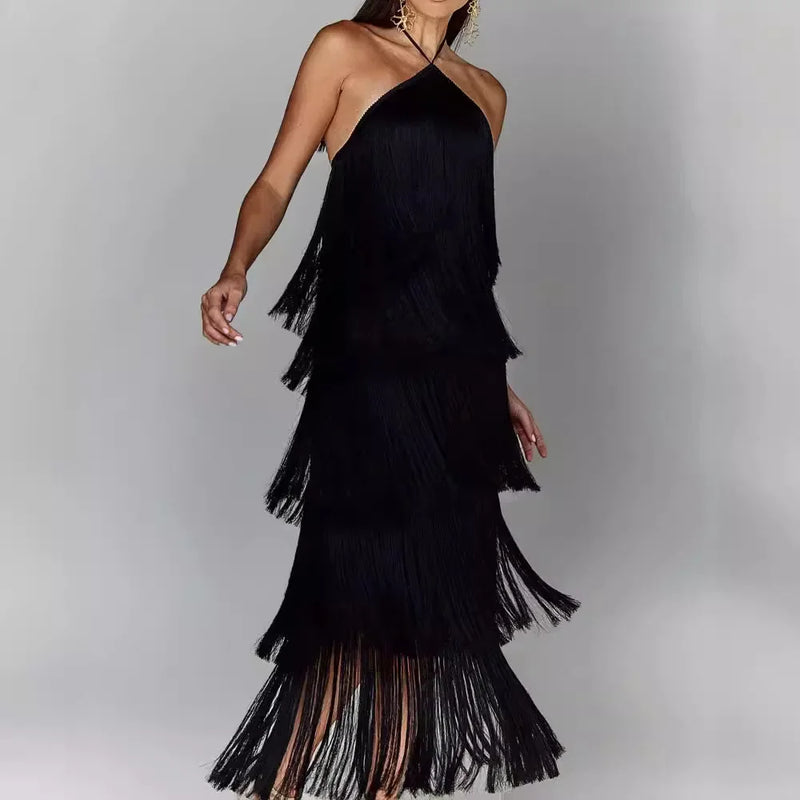 Fashion Neck Fringed Backless Slit Dress for Women