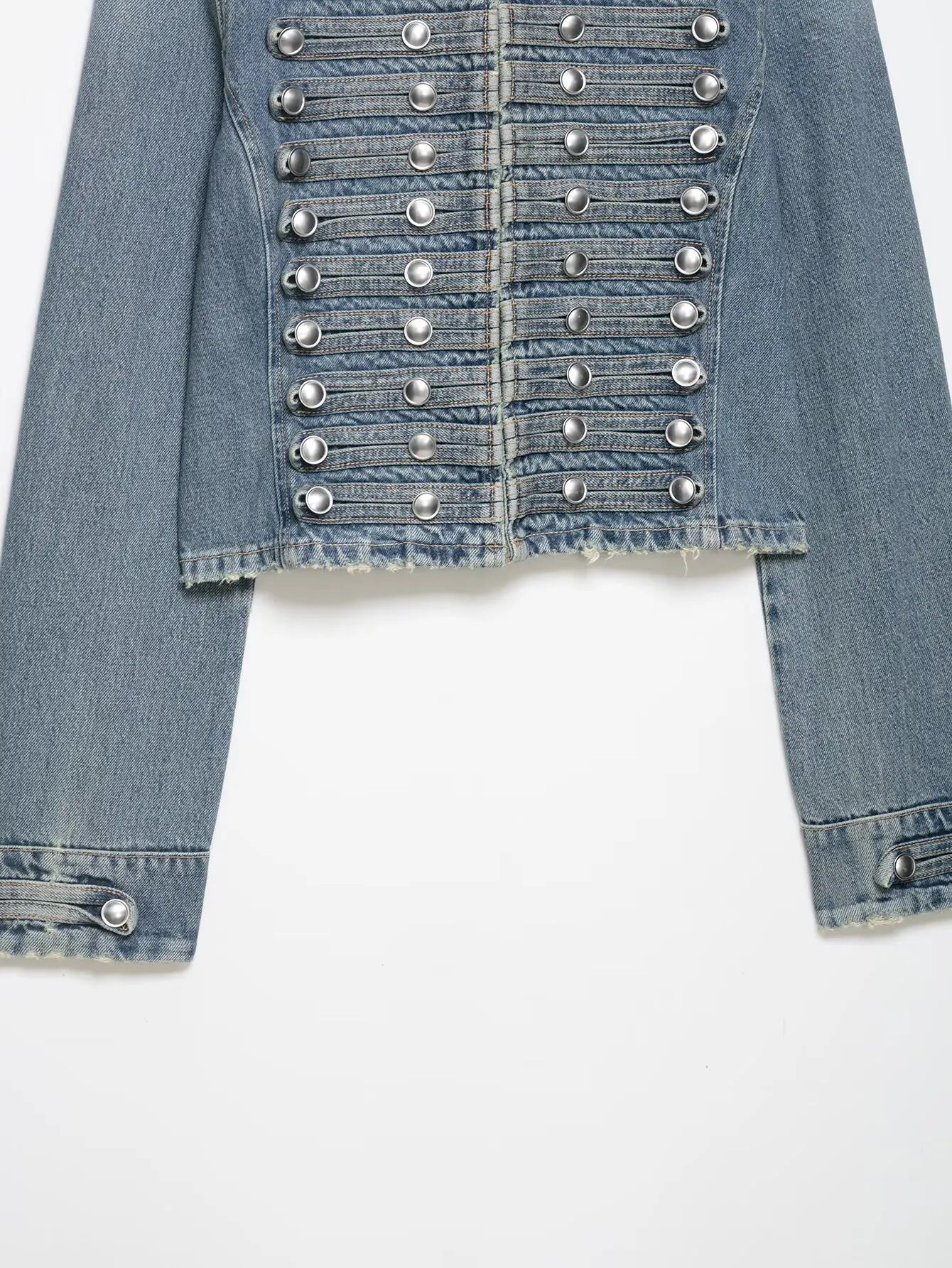 YENKYE Women's Cropped Denim Jacket Front Button Frayed Hem Stand Collar Streetwear Coat