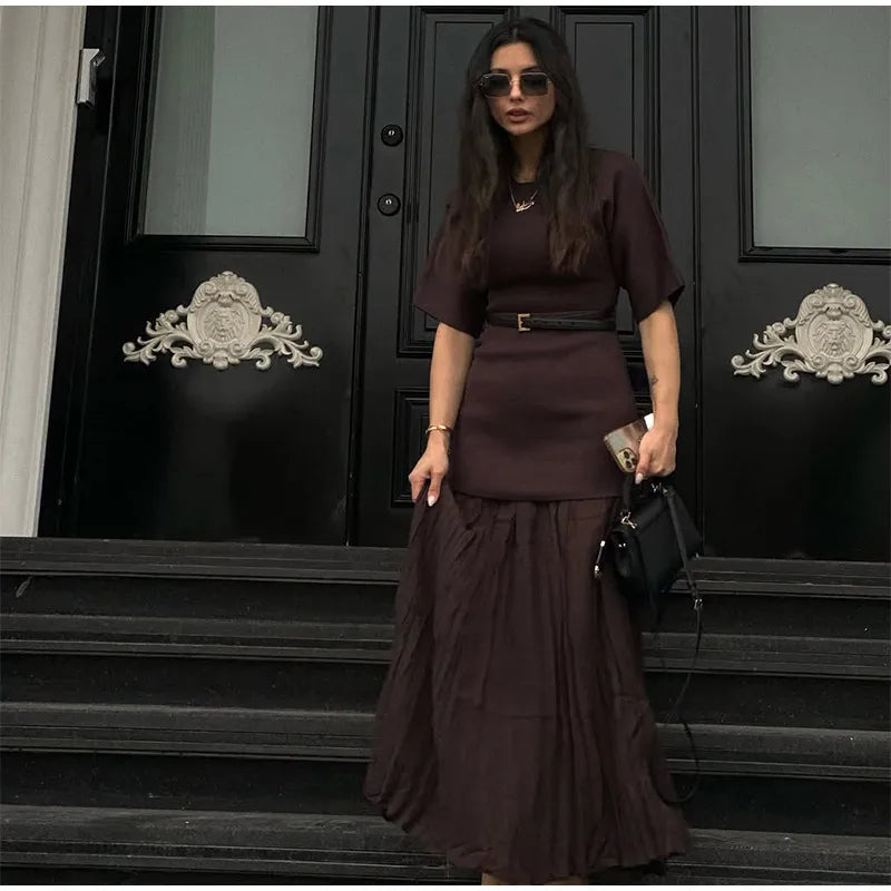 Vestido longo elegante com decote redondo e manga curta, moda feminina, liso, plissado, gaze, patchwork, 2025, novo, para escritório