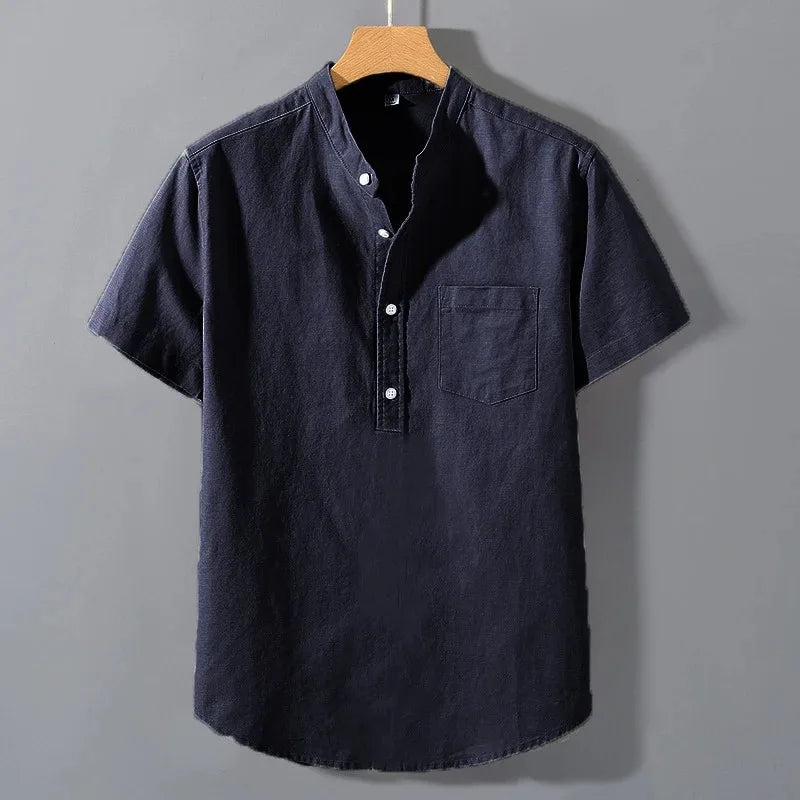 Camisetas de manga curta, cor sólida, gola alta, moda verão, respirável, solta, básica, algodão, bolso, top
