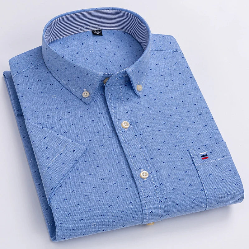 Men's Pure Cotton Oxford Short Sleeve Summer Casual Shirts Comfortable Standard-fit Button-down Plaid Solid Color Cotton Shirt