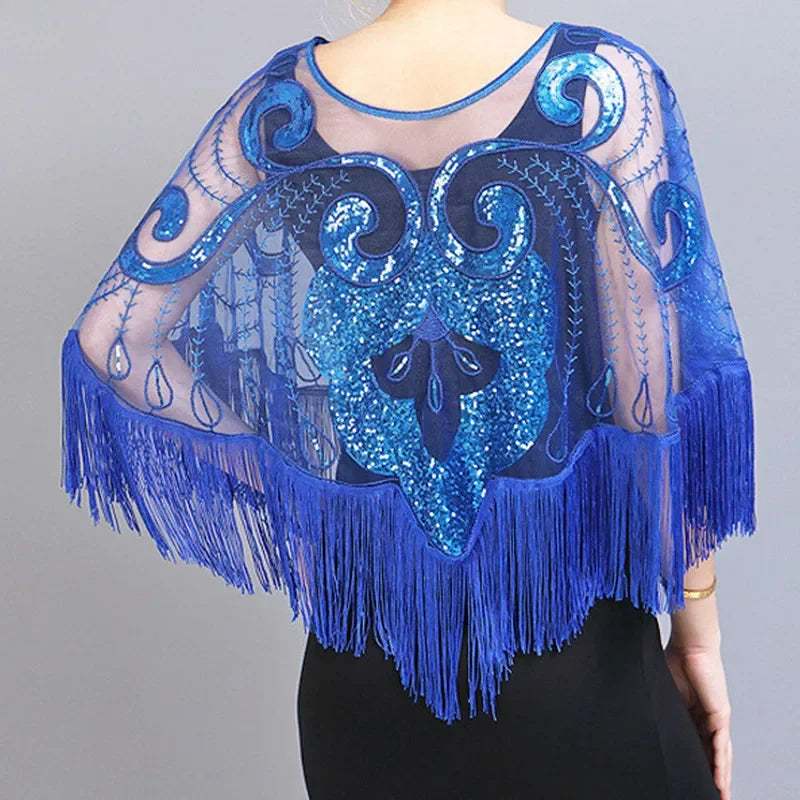 Summer Sequins Tassels Poncho Women Coat Party Outfits Cape Mesh Jacket Ladies Cloak Shawls Casaco Outerwear Wraps Woman Clothes