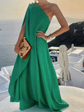 Women Sexy Off Shoulder Boho Long Dress Elegant One Shoulder Loose Party Dress 2022 Summer Fashion Button Solid Beach Maxi Dress