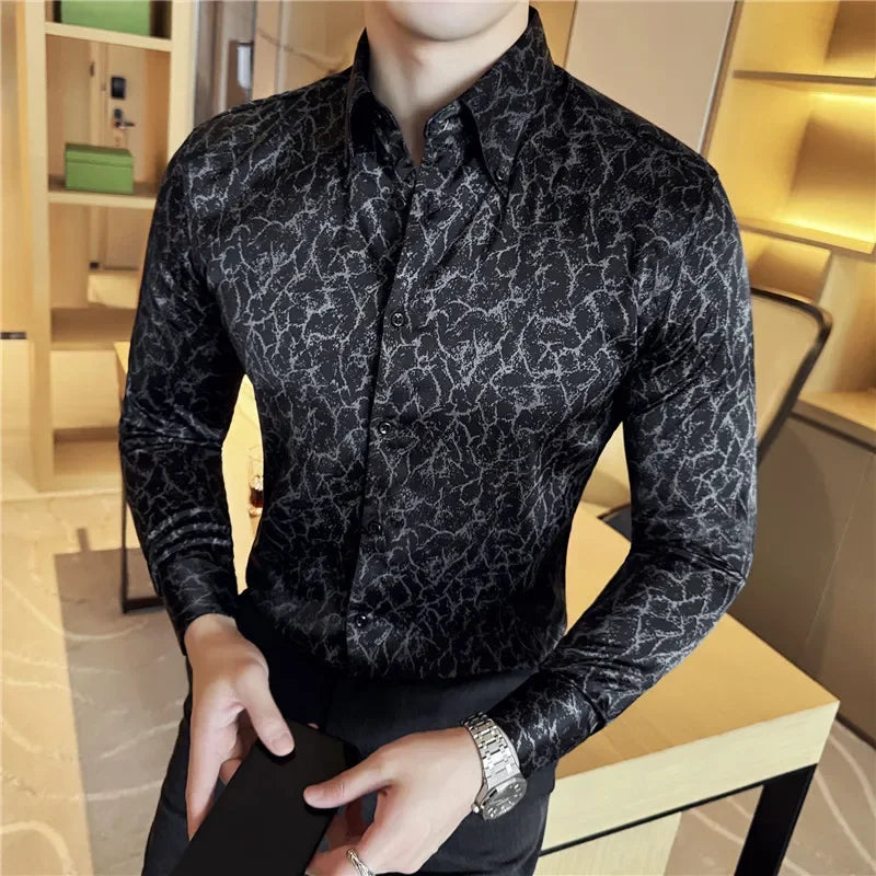 Camisas jacquard vintage de luxo, manga comprida de alta qualidade, slim fit, smoking casual, camisas sociais para casamento, tamanho 4XL-M