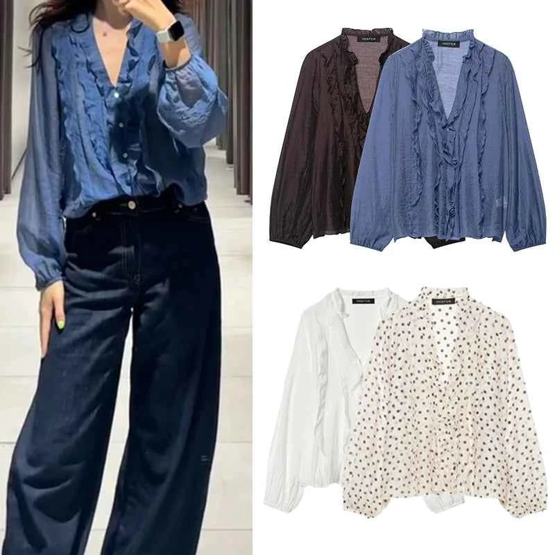 Women Shirt 2025 New Fashion Autumn Long Sleeve Layered Decorative Blouse for Women Casual Chic V-neck Ladies Top