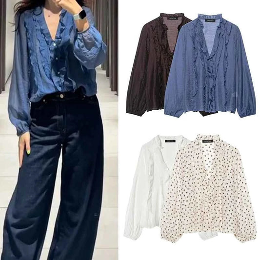 Women Shirt 2025 New Fashion Autumn Long Sleeve Layered Decorative Blouse for Women Casual Chic V-neck Ladies Top