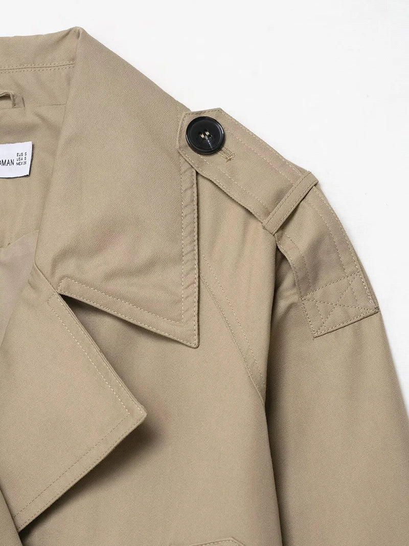 Women's Fashion Double Breasted Short Trench Coat Turn-down Collar Long Sleeve Coats Vintage Female Outerwear Chic Tops