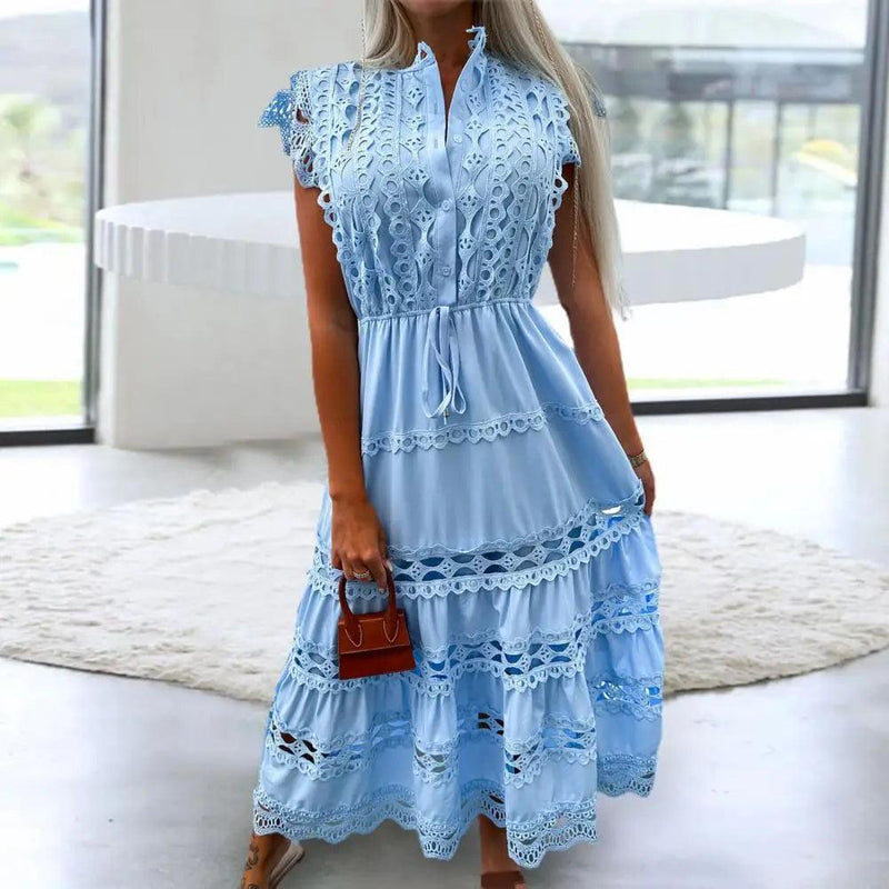 Women Party Dress Sleeveless Lace Stitching Hollow Out Temperament Dress Up Double Layers Tight Waist Prom Dress Female Clothing - CRAVO ROSE