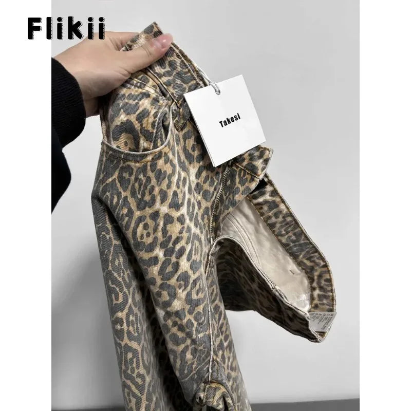 Calça jeans feminina americana retrô com estampa de leopardo, cintura alta, larga, casual, com bolsos, hip-hop, primavera/verão 2000, calça jeans pantera grande
