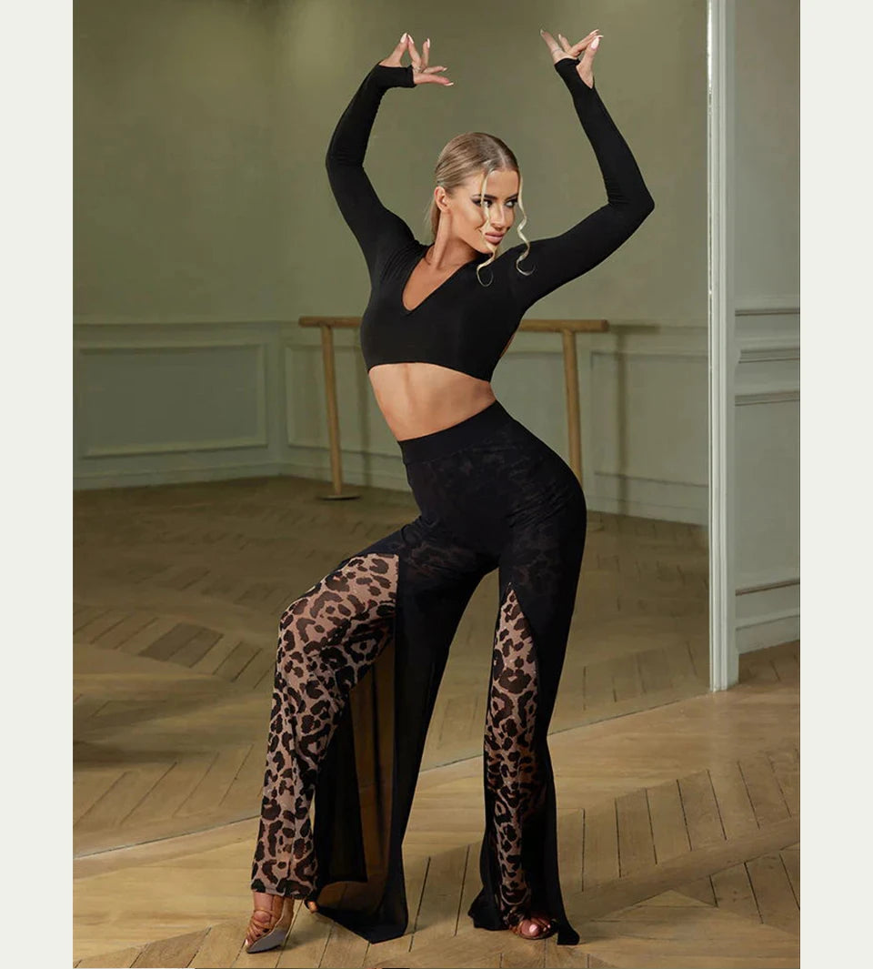 Roupas de dança latina para treinamento, performance, sexy, malha, estampa de leopardo, calças de dança, calças de tiro alto, femininas, roupa de dança, palco moderno