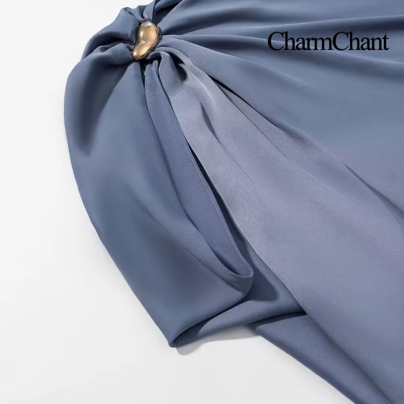 CharmChant Women's One Shoulder Satin Top with Buckle Cropped Y2k Harajuku Fashion Elegant chic Sleeveless Shirt Blouse Female