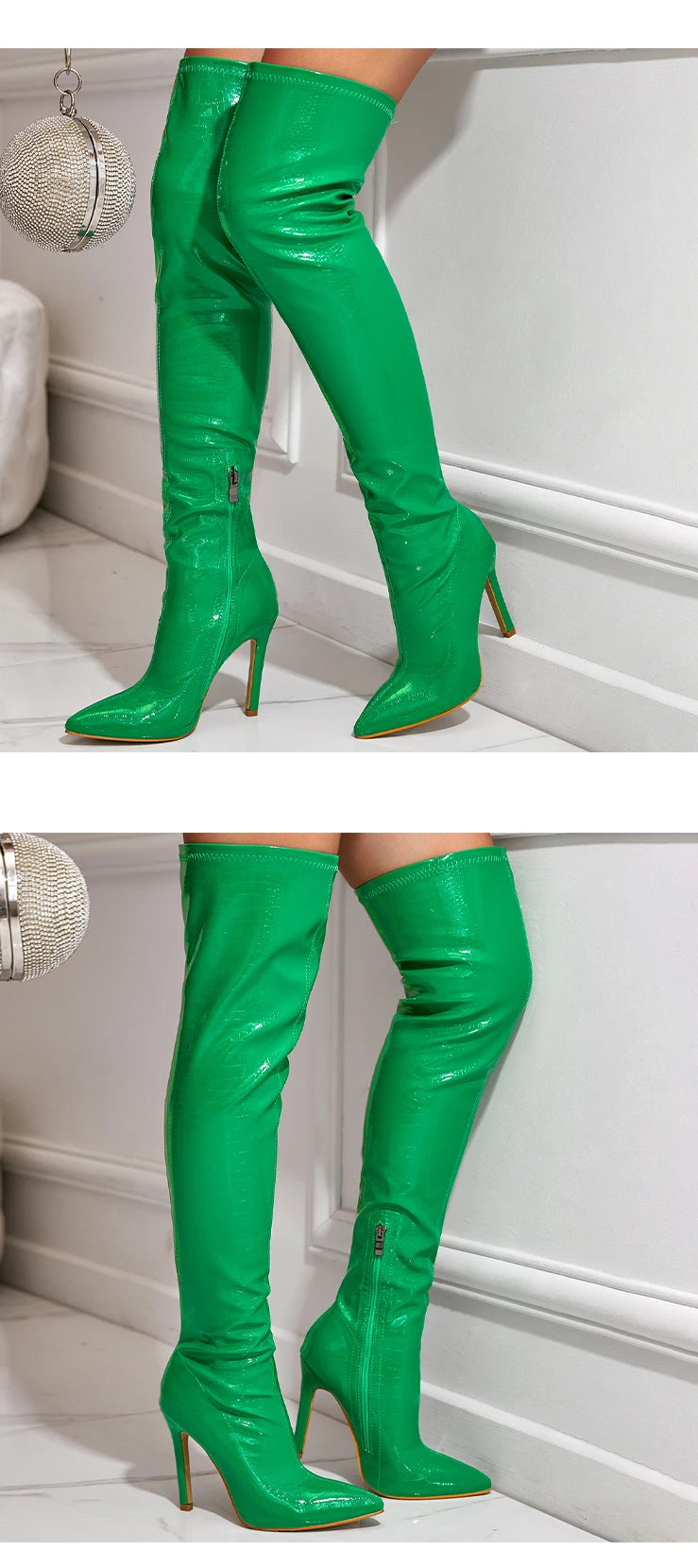 Botas Femininas Listradas de Salto Fino de 11 CM  Sexy Acima do Joelho com Zíper Lateral e Bico Fino