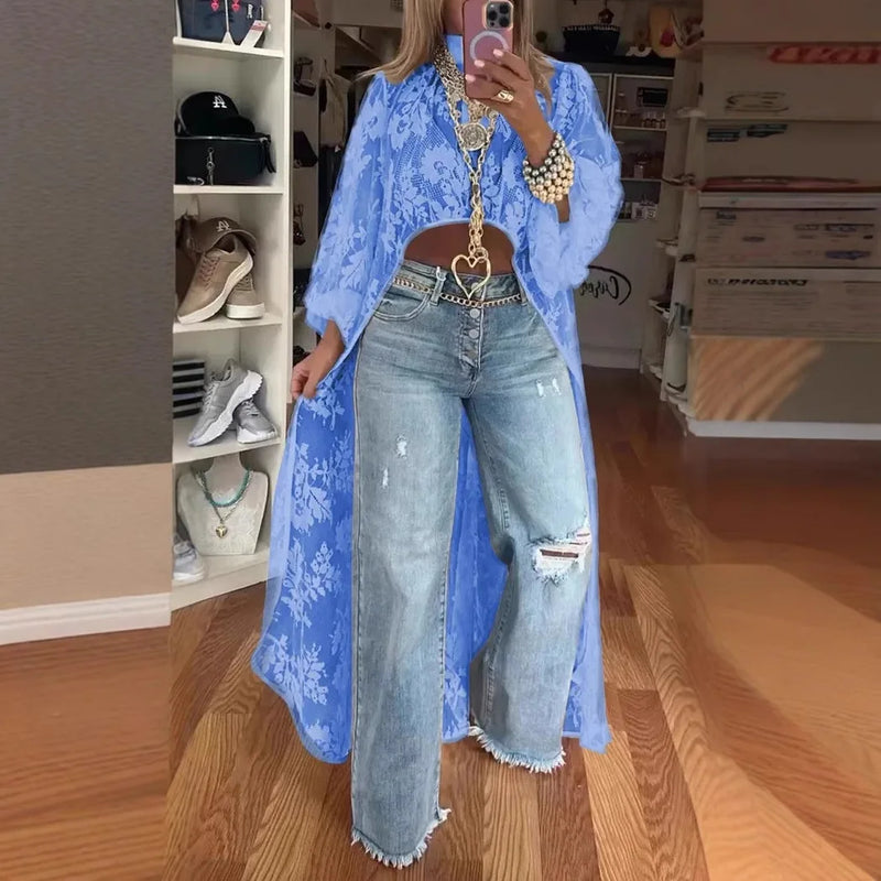 Blusa feminina nova moda 2025 com renda floral e gola alta, manga bufante, frente vazada, curta e longa