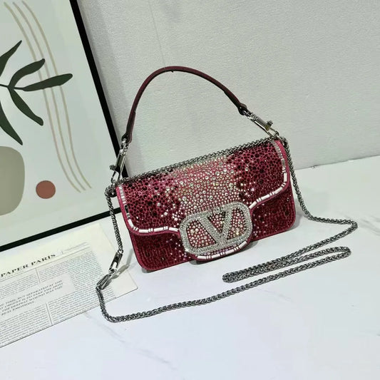 Bolsa de mão embutida com diamante, bolsa de noite portátil com corrente de ombro único, bolsa de couro brilhante com diamante quadrado para uso diário - CRAVO ROSE