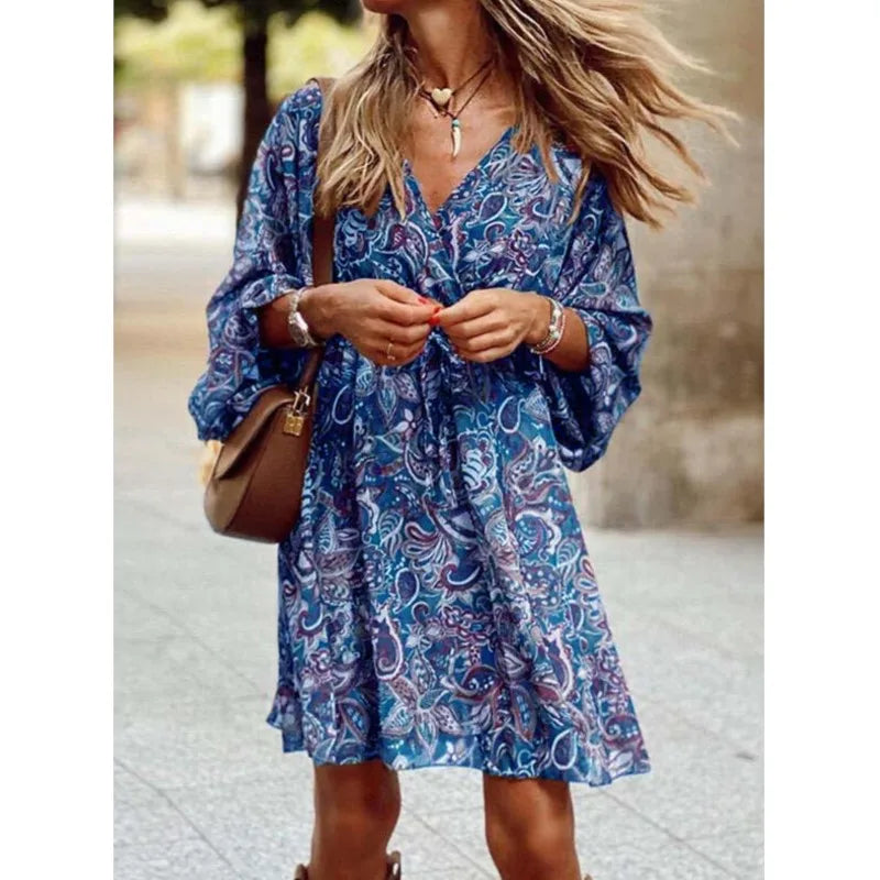 Vestido feminino com estampa floral, vintage, para trabalho, decote em V, elegante, plissado, paisley, manga bufante, babados, vestido casual