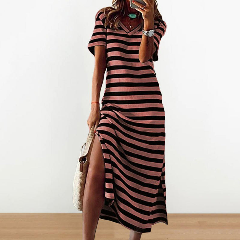 Vestidos Plus Size Vestidos Para Mulheres Casual Listra Estampa Decote Em V Manga Curta Solto Vestido Longo Robe Femme