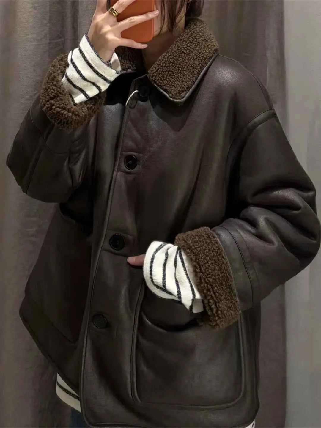 Double-Sided Wear Lamb Fur Jacket Women's Autumn Winter Loose Warm Outerwear Fake Leather Coat Standard Style Long Sleeve