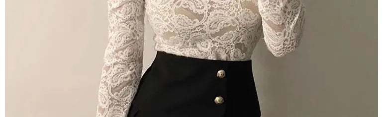Fleece Lined Lace Base Shirt Women's Autumn Winter Hollow out Mesh Top Trendy Commute Style High Neck Long Sleeve  Color
