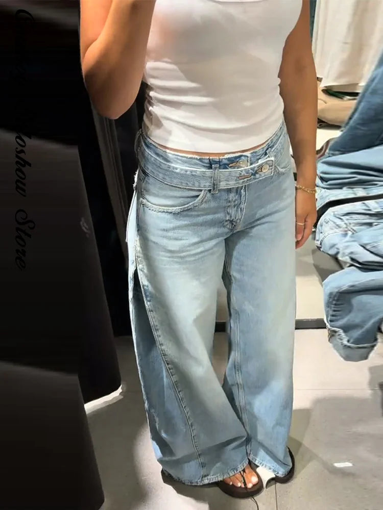 Y2k Hot Fix Rhinestone Cutout Women's Jeans Summer Street Low-rise Wide Leg Loose Denim Pants Lady New Fashion Party Trousers