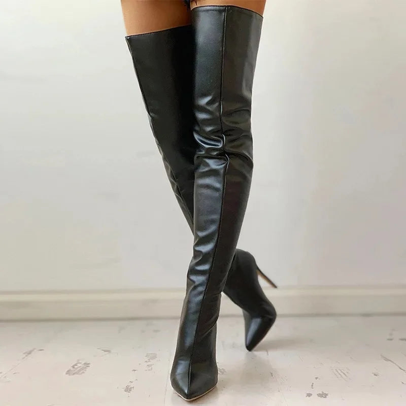 Botas sensuais de salto alto acima do joelho, botas pretas de cano alto para mulheres, sapatos de outono e inverno, botas longas femininas, tamanho grande