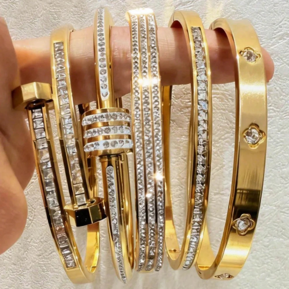 Fashion Zircon Inlaid Stacked Stainless Steel Bracelet Set Dazzling Women's Valentine's Day Gift Set