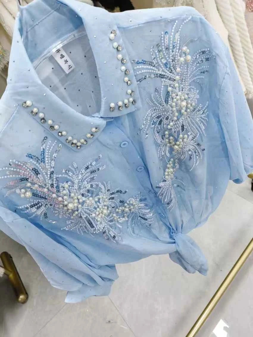 High-end Sequines Pearls Beaded Stitch Sunscreen Blouses Shirts for Women Cardigans Spring Summer Top Korean Popular Clothes