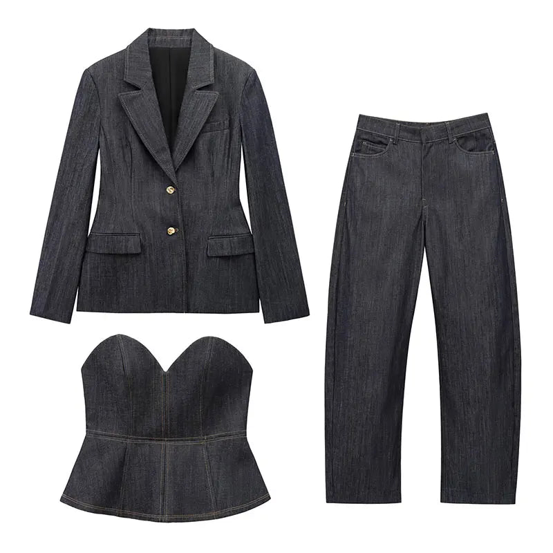 TRAFZA 2025 Conjunto de Blazer e Calça Jeans , Casaco Slim com Gola Redonda + Corpete com Decote em V + Jeans Feminino Vintage de Perna Larga