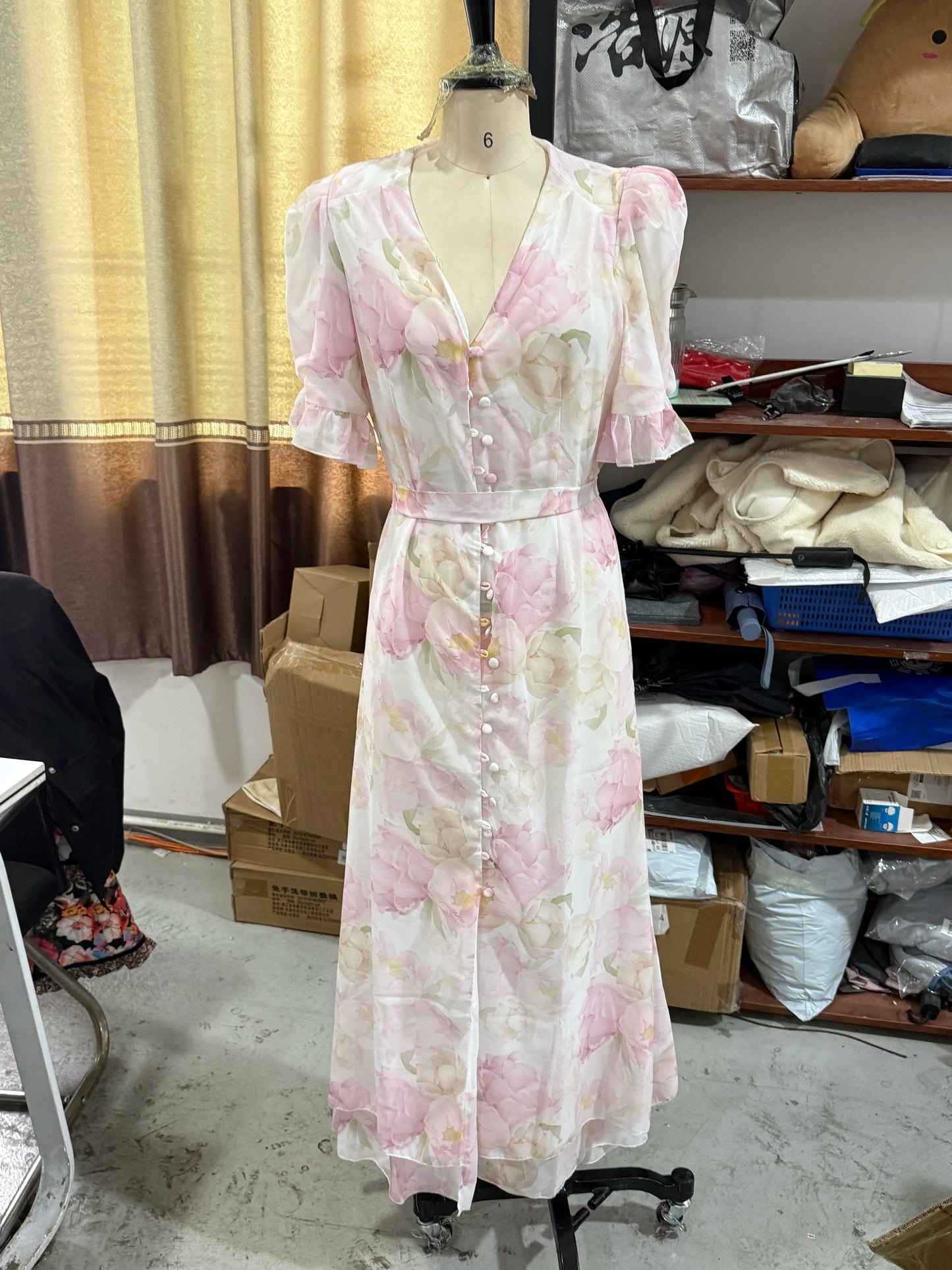Women White Floral Print Maxi Dress V Neck Puff Sleeve Peplum Waist Fishtail Hem Chiffon Robe Elegant Party Wedding Guest Gown