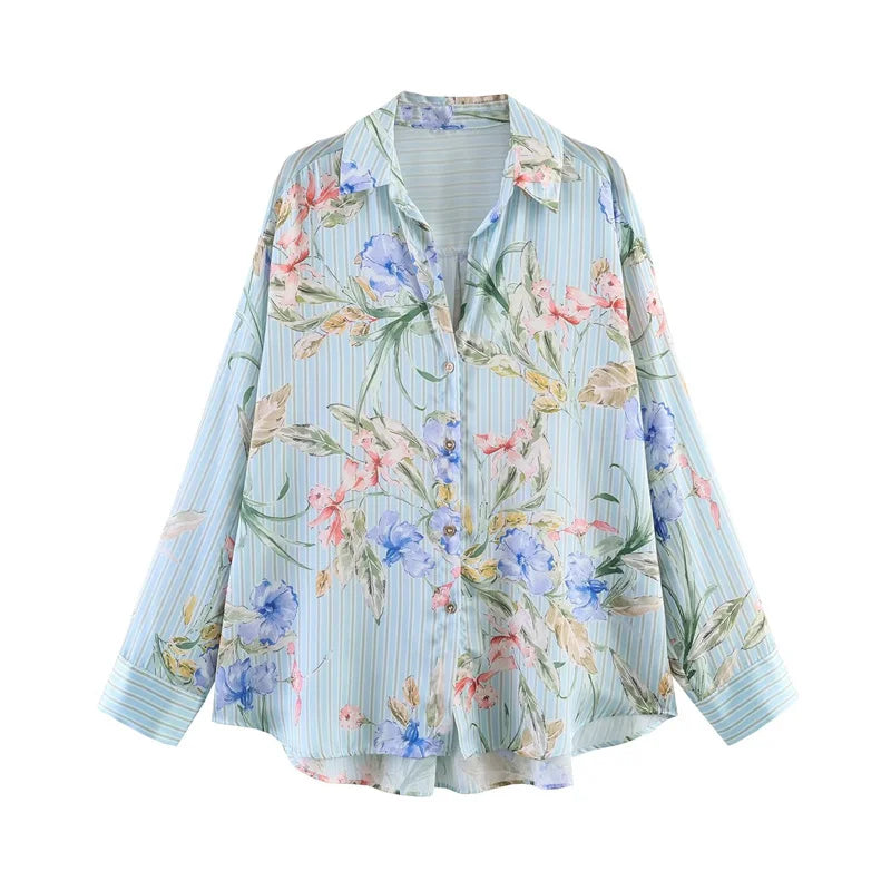 Women's Shirt 2026 Summer New Style Floral Print Long Sleeve Satin Textured Loose Shirt Beach Vacation Relaxed and Lazy