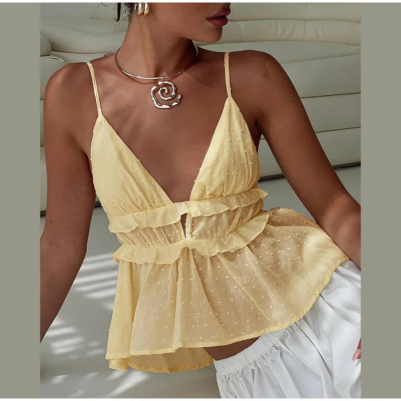 Blusa de chiffon com babados e manga comprida, blusa feminina casual solta, gola V, manga comprida, blusa de rua, primavera/verão 2025