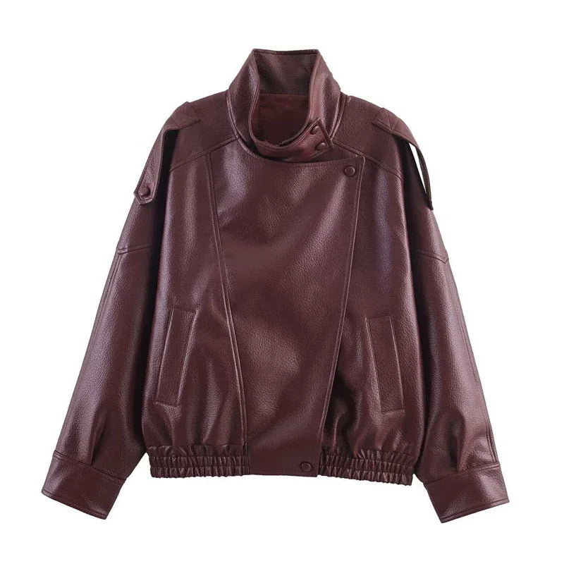 Jaqueta Couro  Marrom e Preta, Manga Longa, Gola Alta, Modelagem Ampla e Encorpada – Estilo Motoqueiro/Streetwear