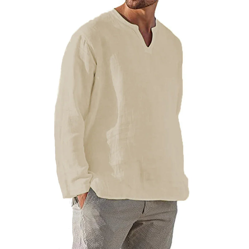 Camisa masculina de algodão e linho, cor sólida, aconchegante, manga comprida, respirável, blusa casual com decote em V, camisa havaiana, camisas leves