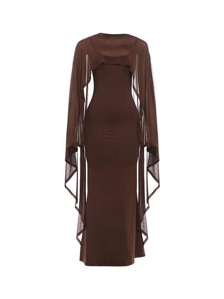 Kliou Sexy Fashion 2 Piece Set Woman Mesh Extended Shawl+Low-Neck Sleeveless Skinny High Waist Sling Vestidos Elegant Dress Suit