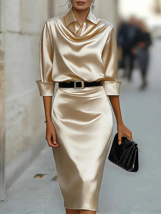Satin Cowl Neck Shirt Dress With Belt Long Sleeve Bodycon Midi Dress For Women Elegant Casual Party Evening Gown