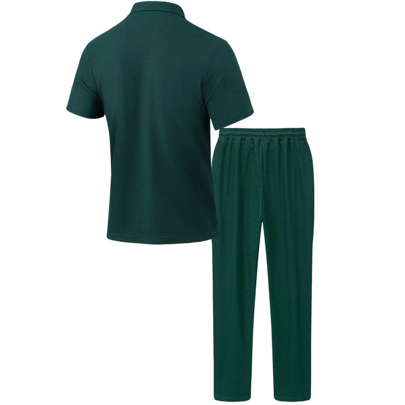 Conjunto de duas peças masculino, camisa casual leve, cor sólida, bolso com botão, tendência waffle, manga curta, calça, verão 2025