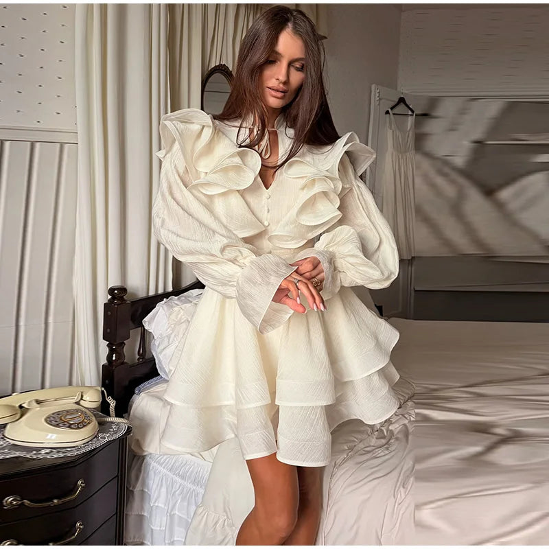 Solid Ruffle Mini Dress U Neck Long Puff Sleeve Tie Neck Tiered Hem Sweet Style Gown Soft Pastel Tones Fashion Chic Women Outfit